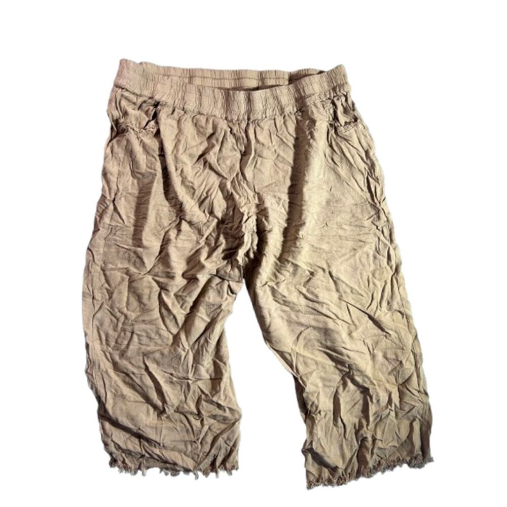 Umgee Tan Wide Leg Linen Blend Pants Frayed Hem Womens 2XL